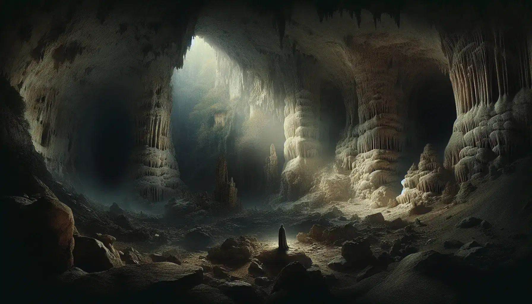 Grotta naturale con stalattiti e stalagmiti, illuminata da un'apertura sul fondo dove si intravede una figura umana in contemplazione.