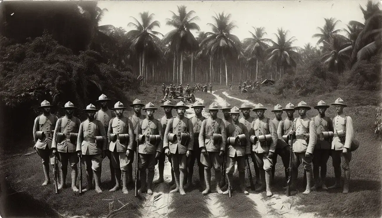 Early 20th-century US Marines in tropical uniforms with wide-brimmed hats, leather gear, and rifles stand on a Caribbean dirt road amid palm trees.