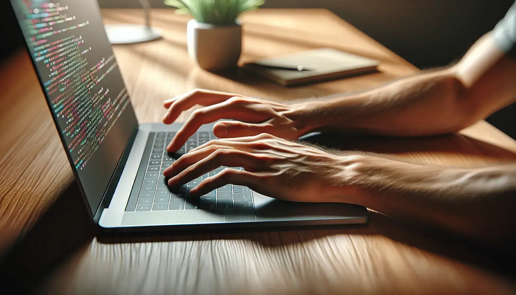 Hands typing on modern laptop keyboard on wooden desk with green plant, peaceful and professional programming environment.