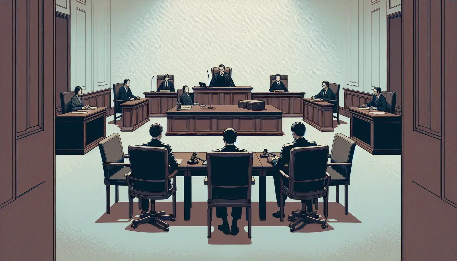 Sala de tribunal con mesa central de madera oscura, cuatro personas sentadas enfrentando a juez en estrado con mazo y papeles, bandera lisa al fondo y puertas cerradas a los lados.