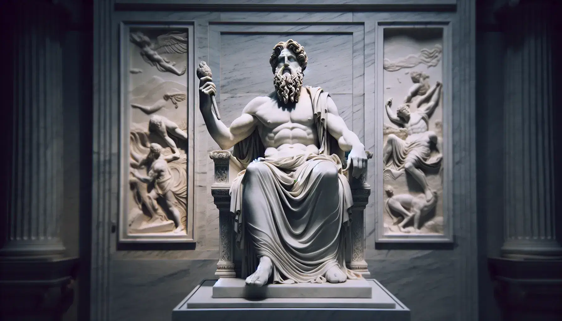Scultura marmorea di Zeus seduto su trono con scettro, espressione autoritaria, e bassorilievo di metamorfosi sullo sfondo.