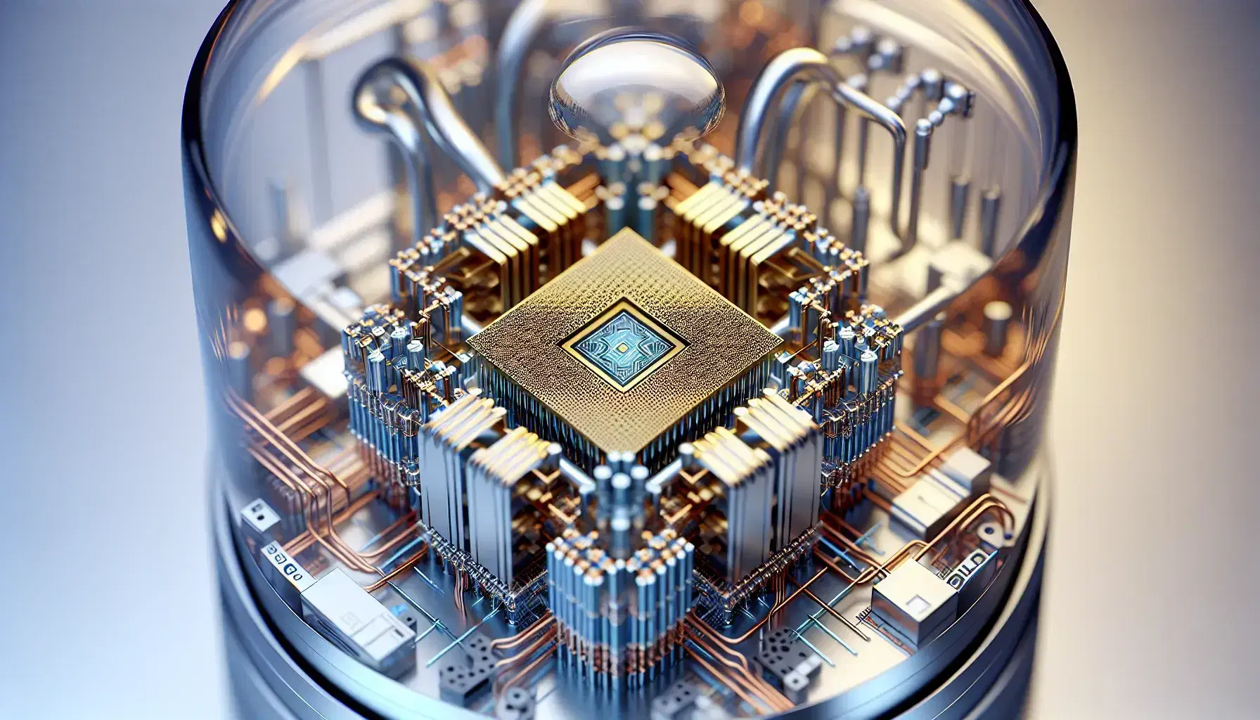 Close-up of a quantum computer processing chip with gold circuitry, colored tubes and wires, encased in a transparent dome.