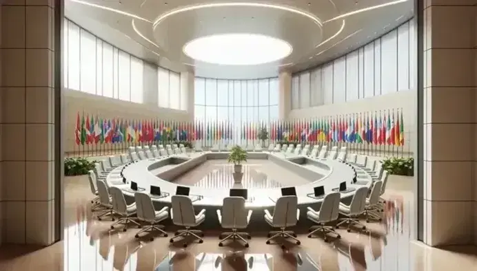 Sala riunioni moderna e luminosa con grande tavolo ovale, sedie ergonomiche, bandiere colorate e finestra ampia.
