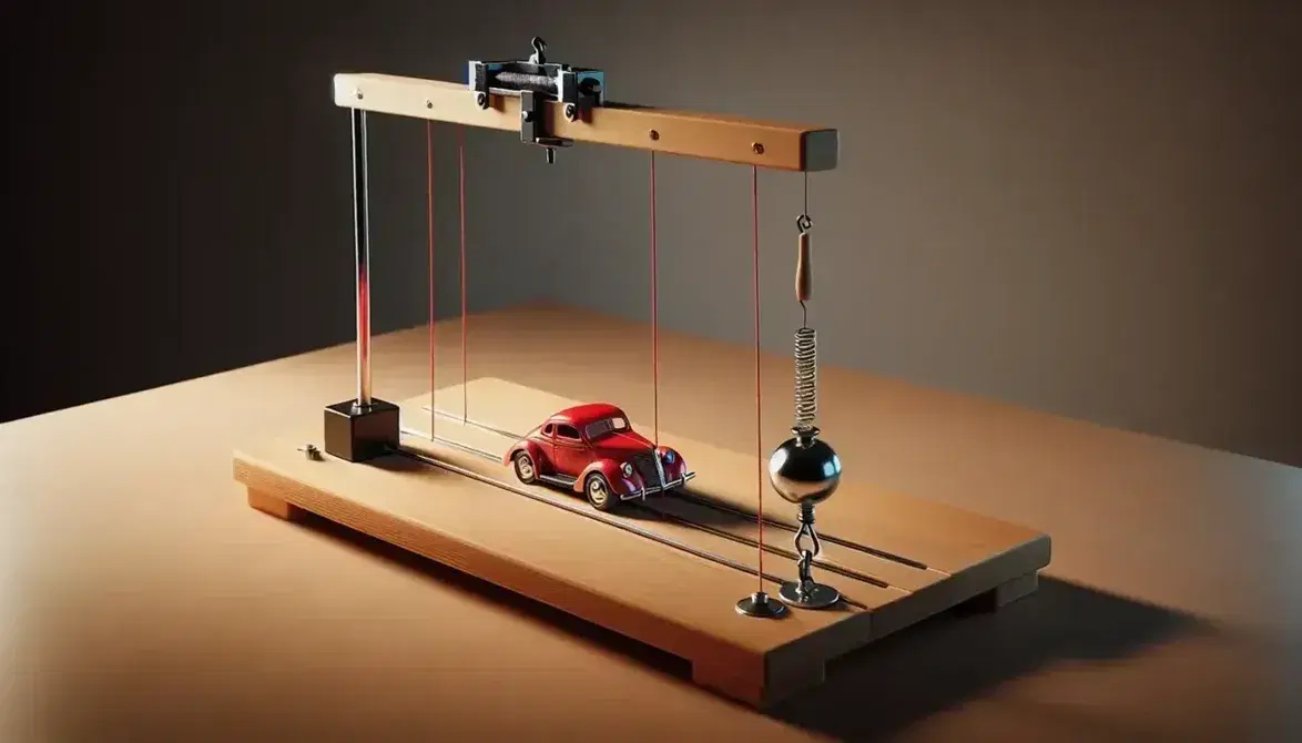 Red toy car on a wooden table connected to a string with a hanging weight and flanked by two spring scales, illustrating a physics tension experiment.