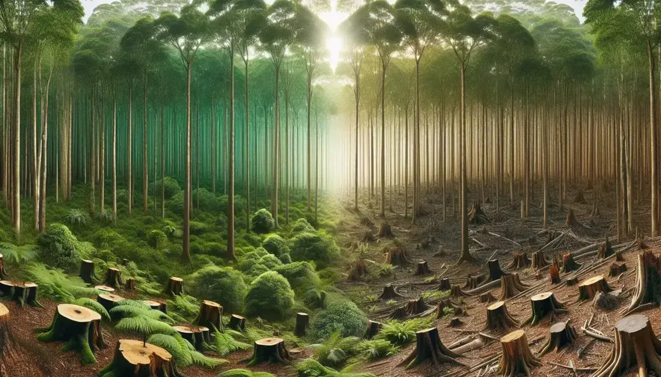 Diverse forest ecosystem with lush greenery transitions to a deforested area with stumps and fallen trees, highlighting environmental impact.