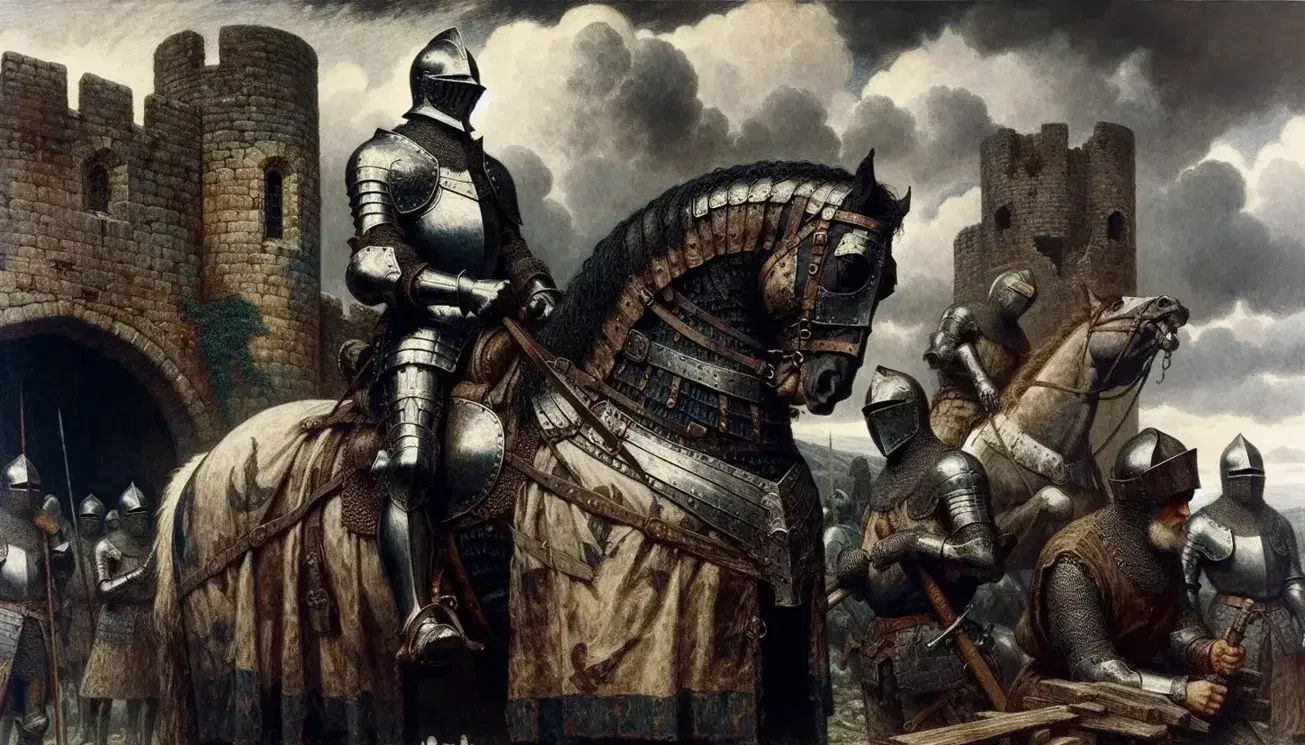 Knights in full armor from the late Middle Ages, with a mounted Caucasian knight on a barded warhorse, and two others, including a Black and Hispanic knight, near a ruined ivy-covered castle.