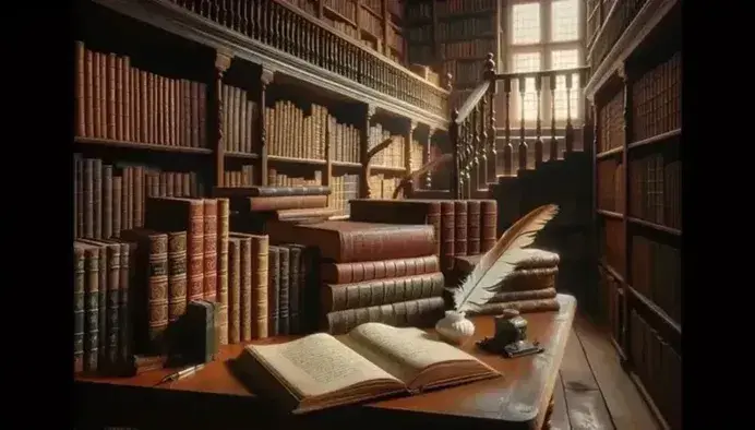 Biblioteca antigua con estanterías de madera oscura llenas de libros, mesa con libro abierto, pluma y tintero, y escalera al fondo.