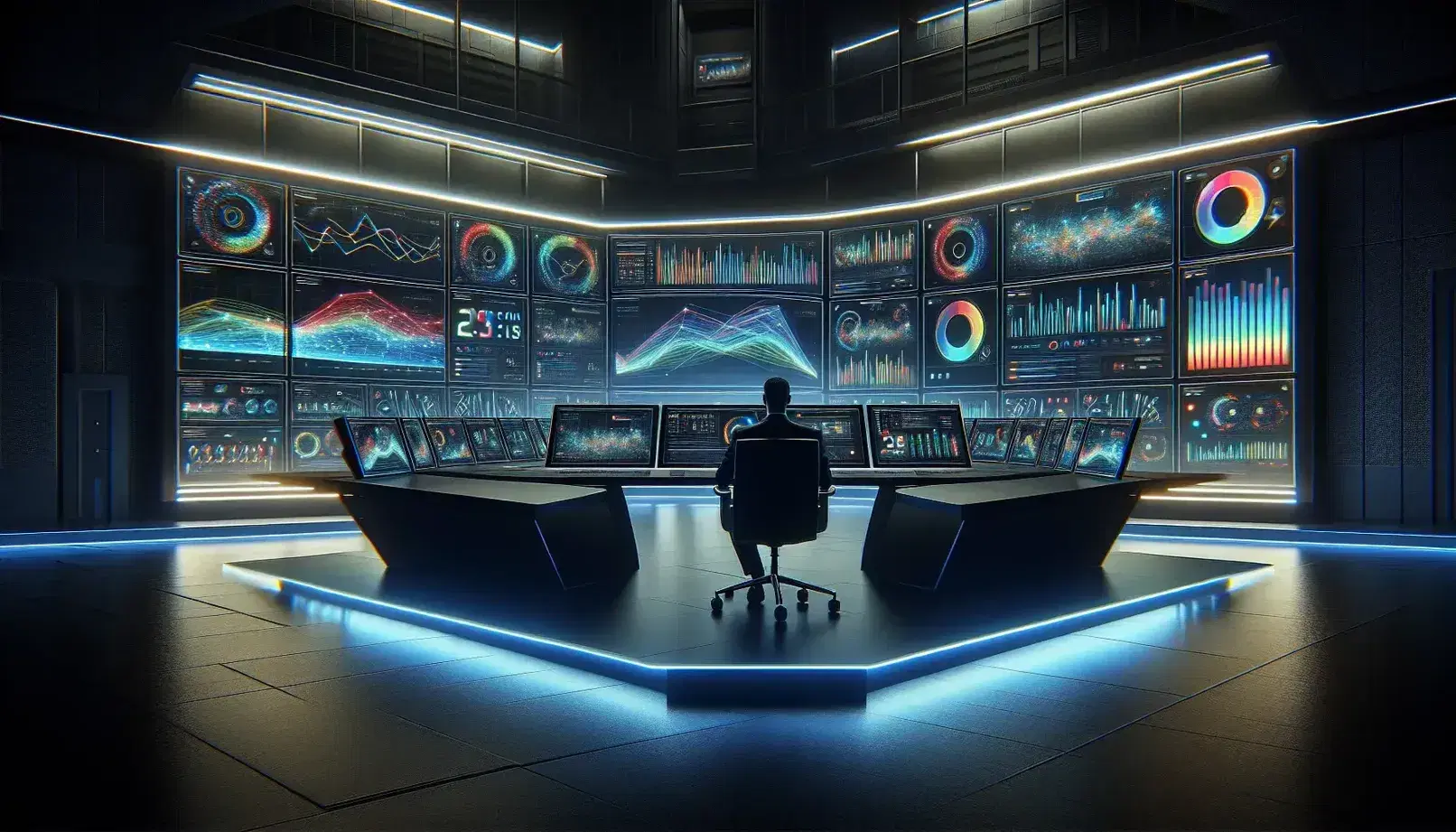 Modern control room with man at work, curved desk with colorful monitors and graphs, blue and white LED lighting, high-tech environment.