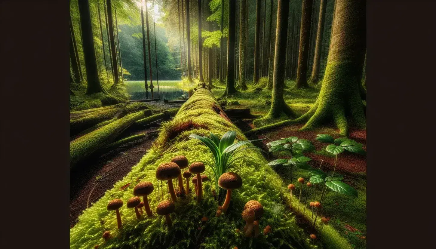 Bosque frondoso con tronco caído cubierto de musgo y hongos, suelo fértil y lago reflejando árboles y cielo azul.