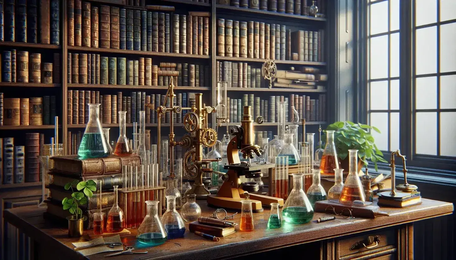 Messy scientist laboratory with wooden workbench, brass microscope, plants and old books on shelves, window with autumn view.