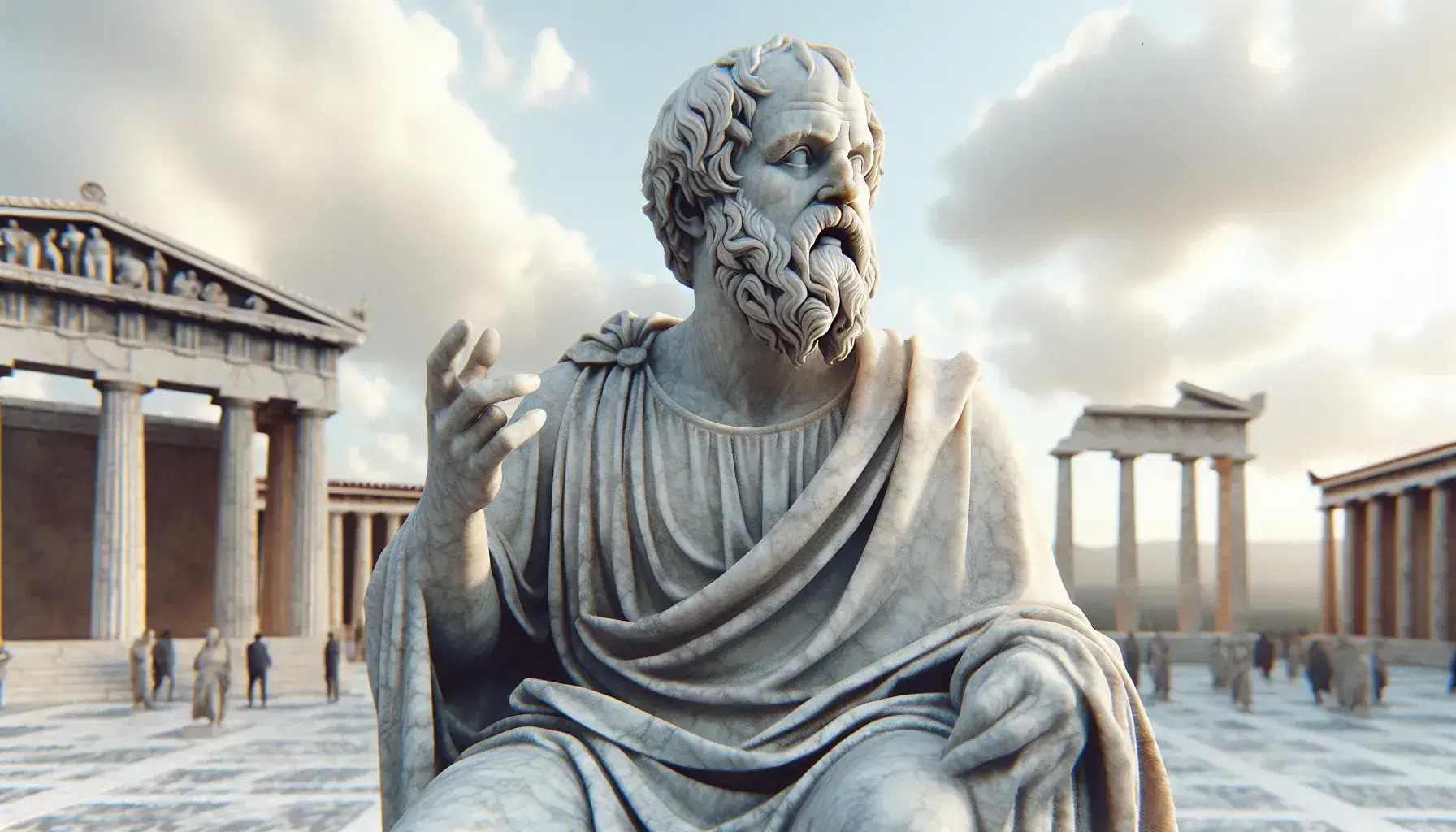 Statua in marmo di Socrate pensieroso con toga, mano alzata, su sfondo di colonne ateniesi e cielo azzurro.
