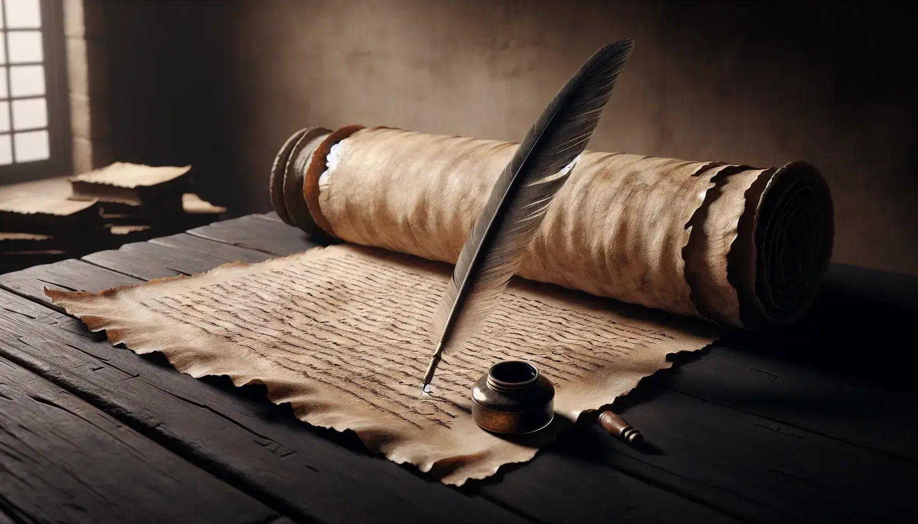 Antique quill pen on aged parchment scroll with brass inkwell on a dark wooden table, evoking a historical writing setting.