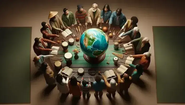 Grupo diverso de personas observando y señalando un globo terráqueo sobre un soporte de madera, con instrumentos musicales y un libro abierto en primer plano.