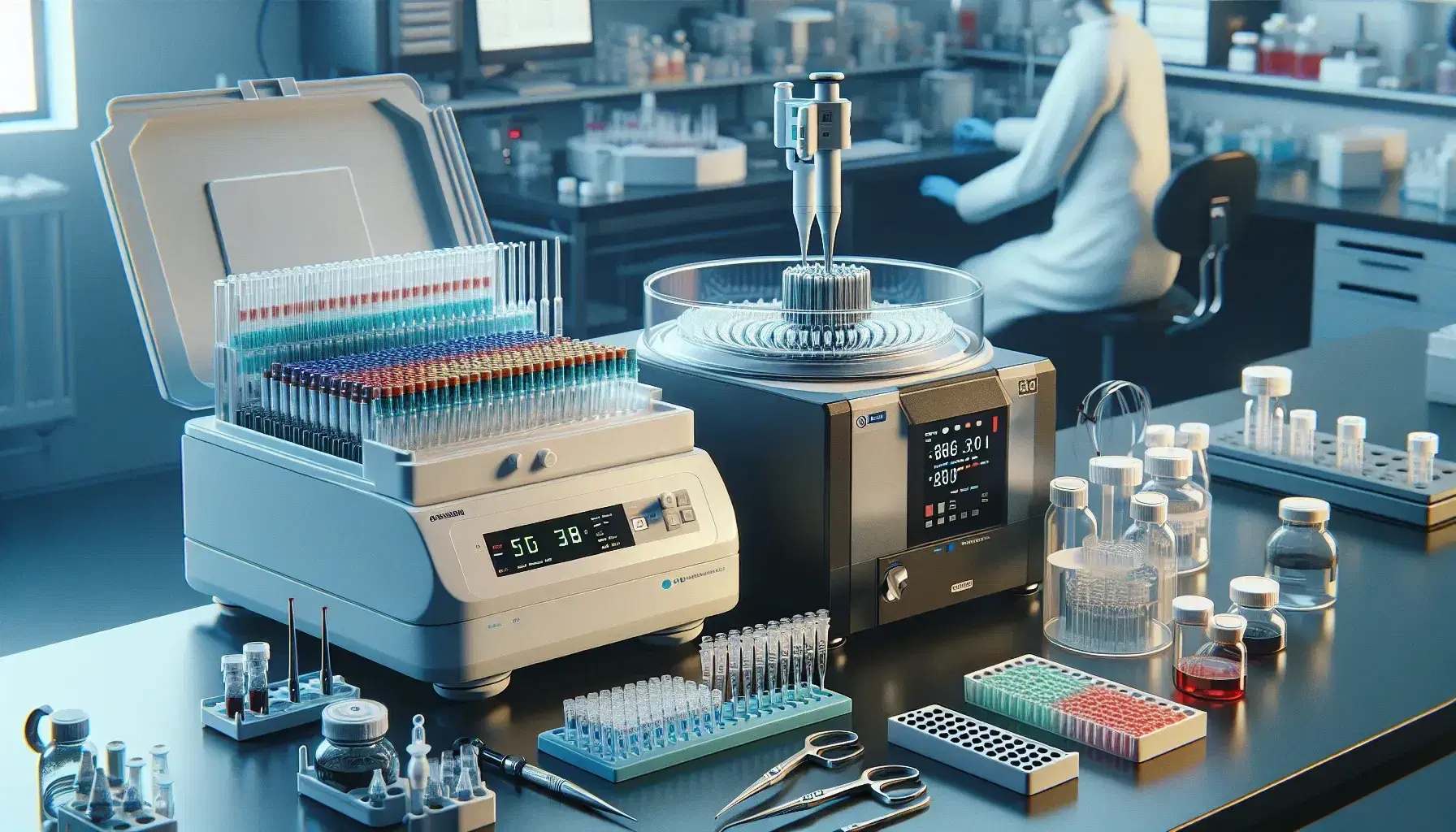 Laboratory workbench with genetic engineering tools including a microcentrifuge, color-graded micropipettes, a thermal cycler, and microcentrifuge tubes.