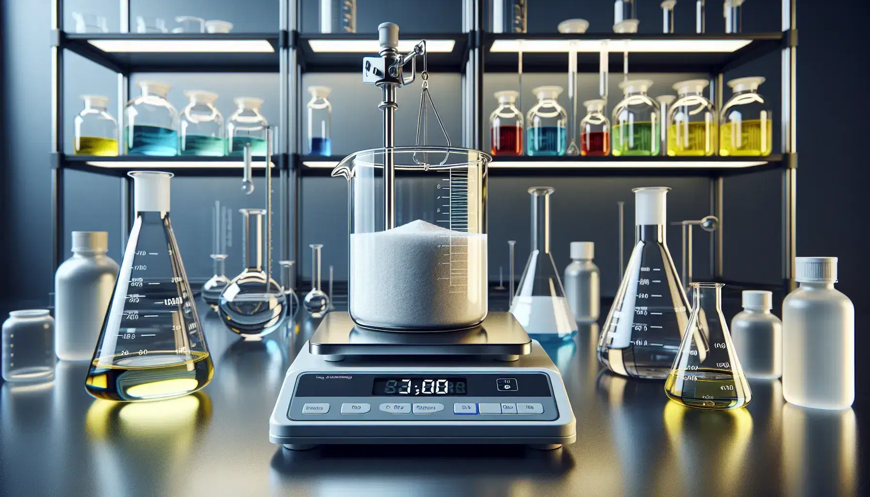 Laboratorio químico con balanza analítica digital y polvo blanco, frasco Erlenmeyer con líquido incoloro, cilindro graduado con líquido azul claro y estantería con botellas de reactivos de colores.