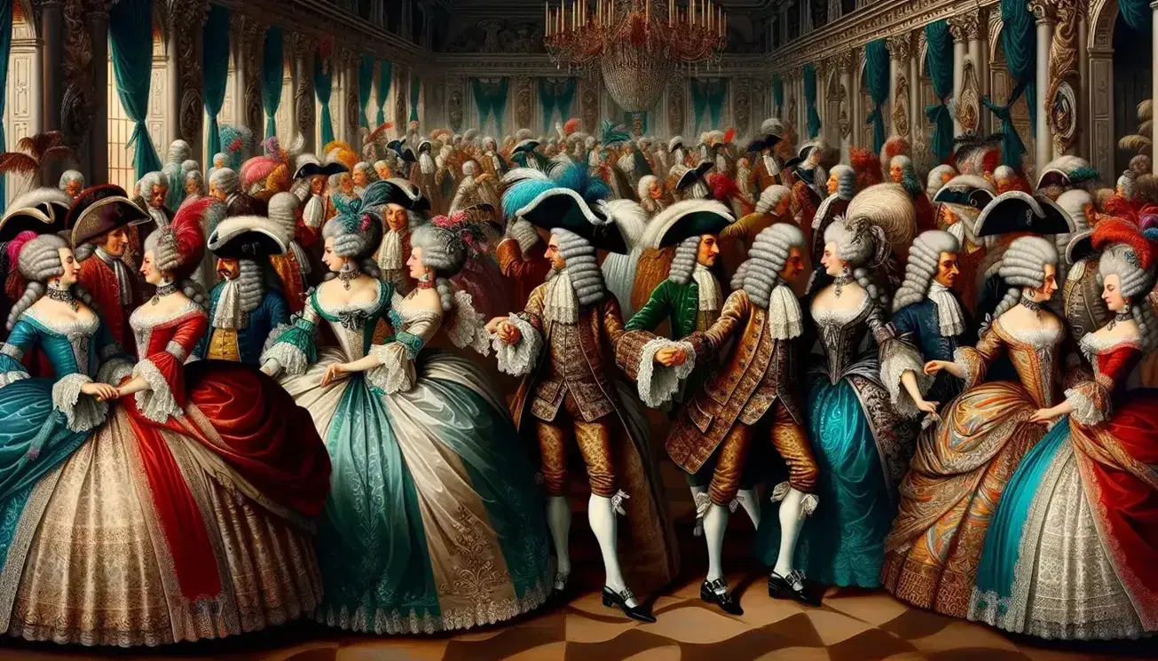 17th-century masquerade ball with elegantly dressed dancers in traditional costumes and masks, in a grand hall with chandeliers and candlelight.