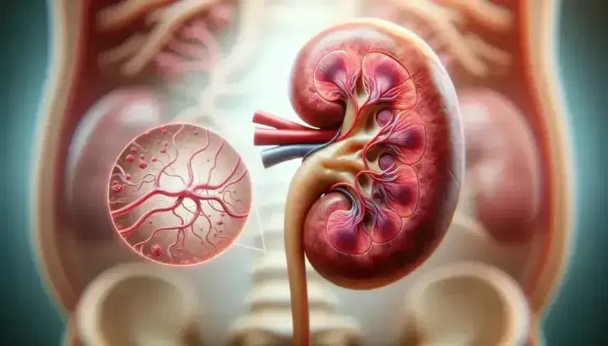 Detailed representation of a human kidney with blood vessels and close-up of a nephron with glomerulus and tubules in pink tone.