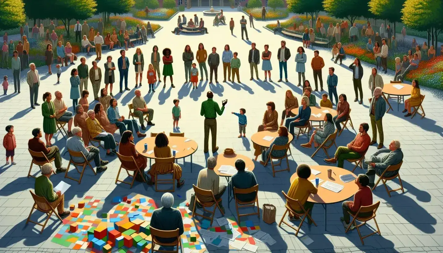 Grupo multicultural reunido en parque escuchando a orador con mesa de trabajo en primer plano y niños jugando con bloques de colores.