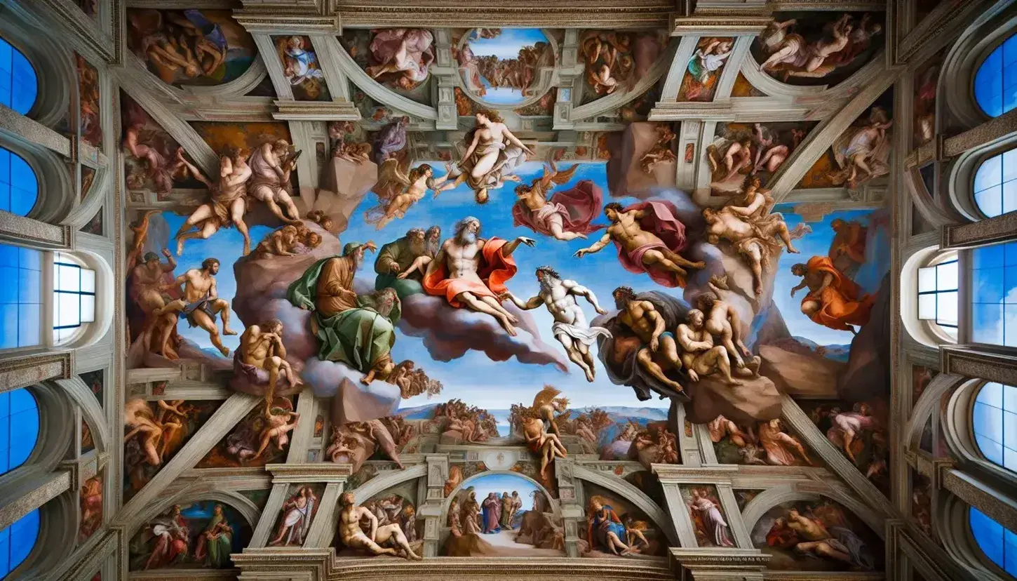 Affresco della volta della Cappella Sistina con la Creazione di Adamo, figure bibliche e ignudi su sfondo azzurro.