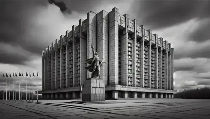 Concrete facade of soviet brutalist building with military hero statues and array of flagpoles under cloudy sky.