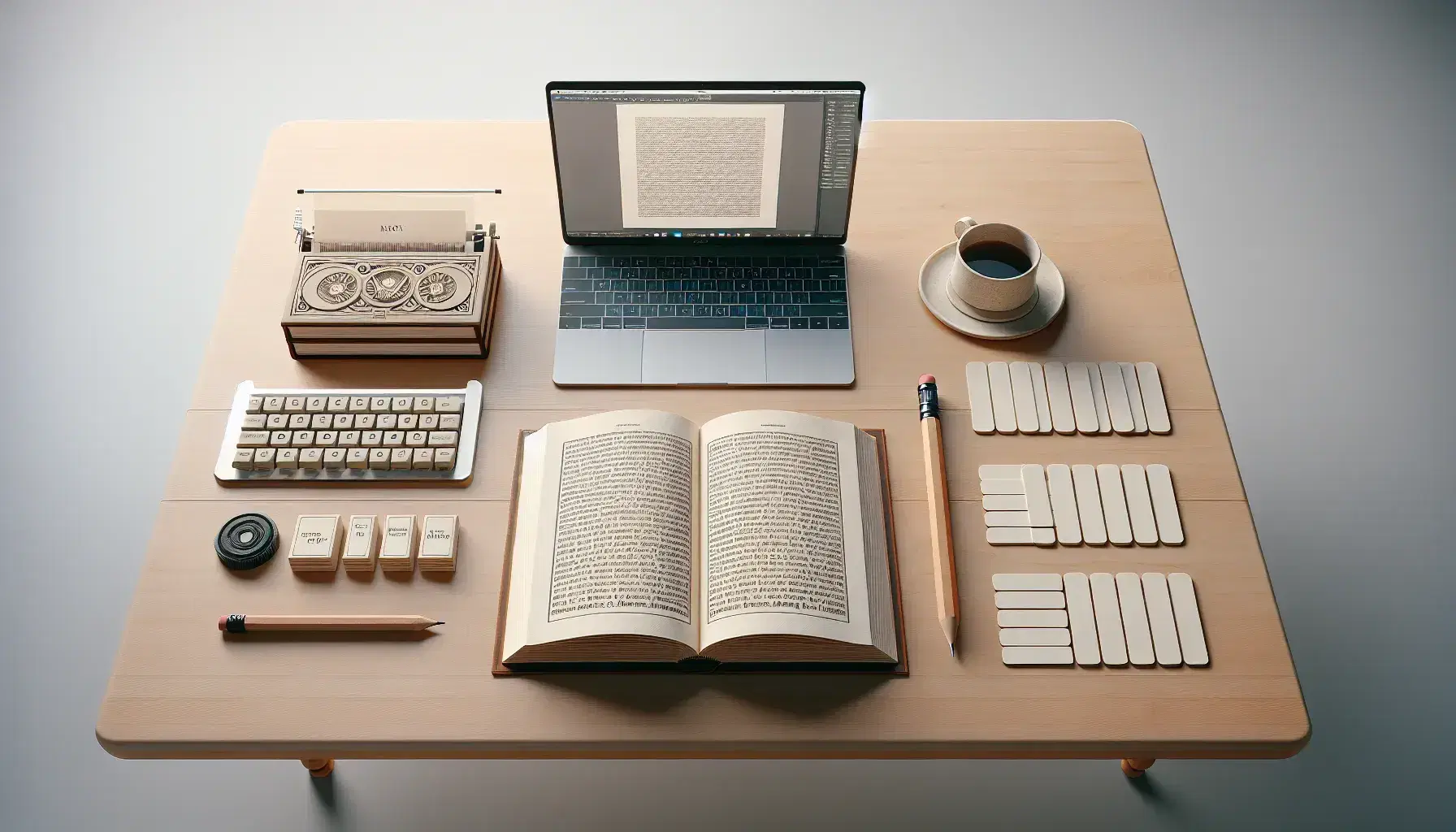 Mesa de madera con libro abierto, lápiz, tarjetas en blanco, portátil con pantalla de texto y taza de bebida caliente sobre posavasos.