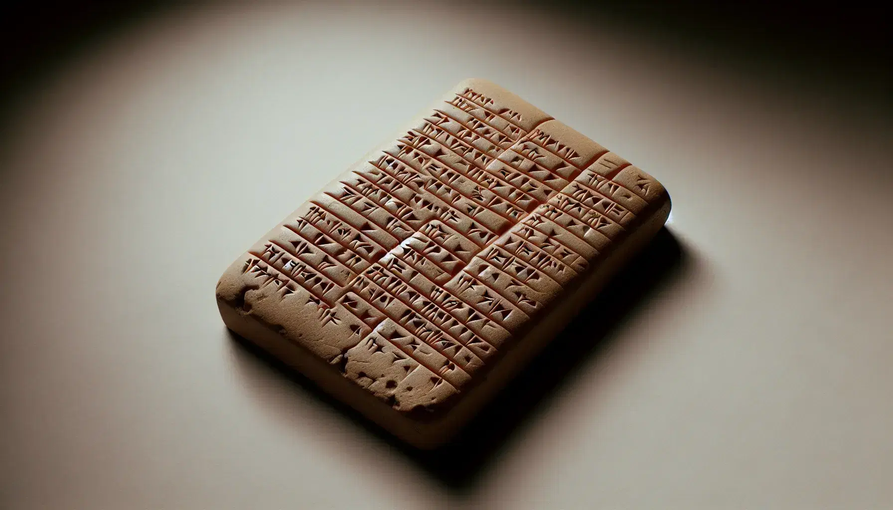 Tavoletta sumera in argilla color marrone chiaro con angoli arrotondati e incisioni cuneiformi verticali e oblique.
