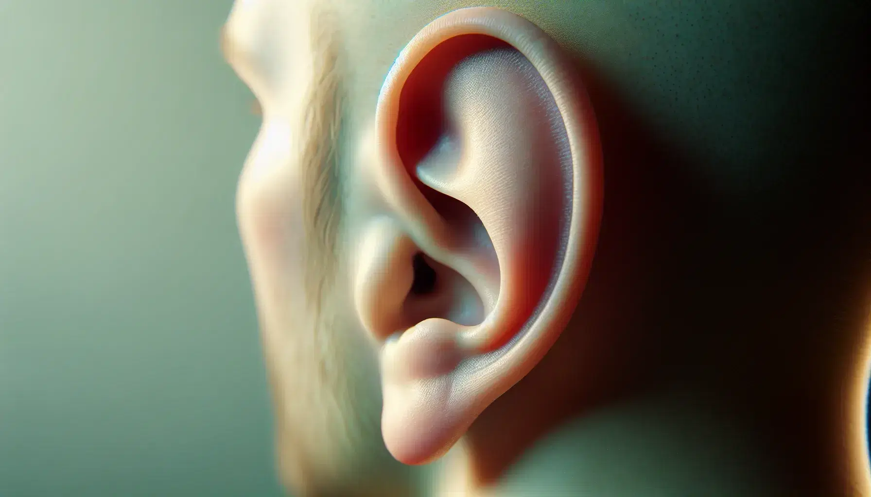 Vista detallada del perfil de una oreja humana con tonos de piel suaves y canal auditivo oscuro, sobre fondo desenfocado verde o azul.