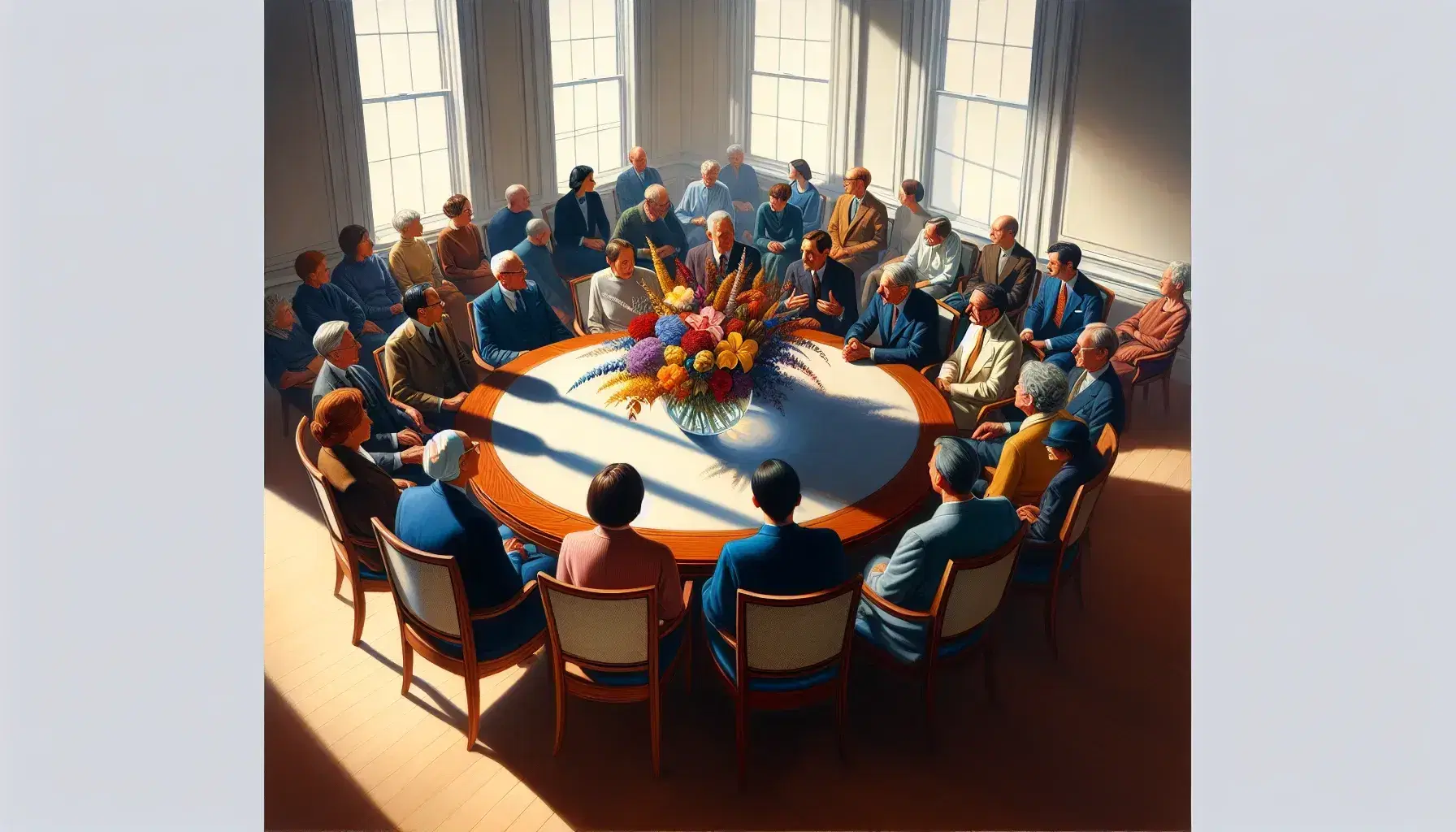 Diverse group of people engaged in discussion around a round table with a vase of colorful flowers, in a well-lit room with cream walls and hardwood floor.