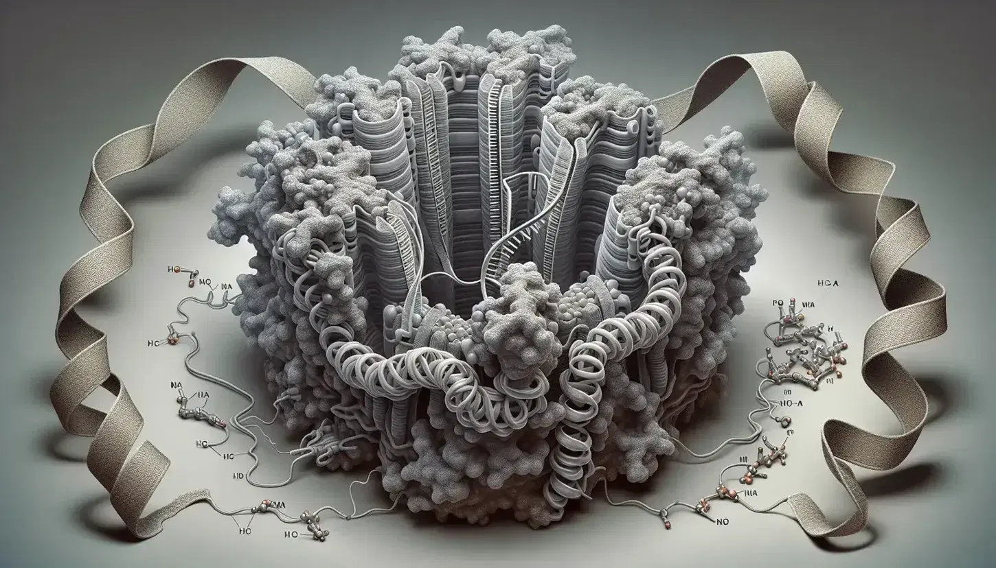 Close-up view of a ribosome on mRNA with tRNAs and an emerging polypeptide chain, illustrating protein synthesis in molecular detail.