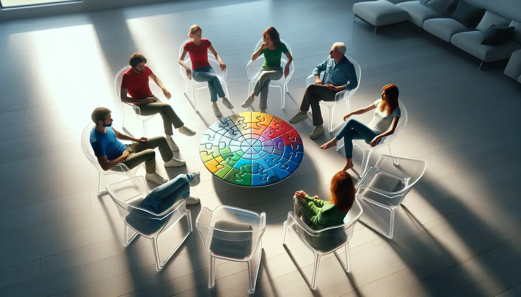 Gruppo di cinque persone assortite per età e genere sedute in cerchio su sedie trasparenti, intenti a completare un puzzle sferico colorato su tavolo di vetro.