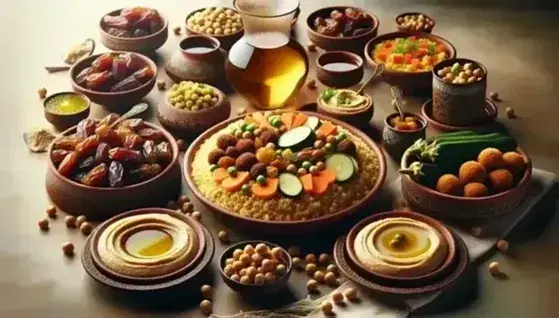 Tavola imbandita per Ramadan con piatto centrale di couscous, datteri, falafel, hummus e tè, su tovaglia blu in ambiente domestico.
