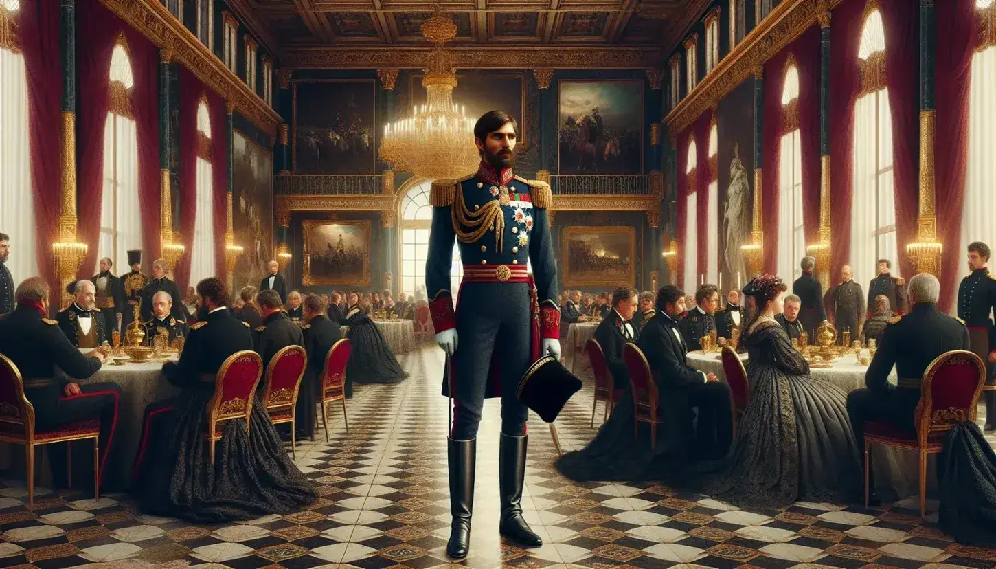 Escena histórica en salón imperial con hombre en uniforme militar del siglo XIX, rodeado de personas en atuendos de época y decoración lujosa.