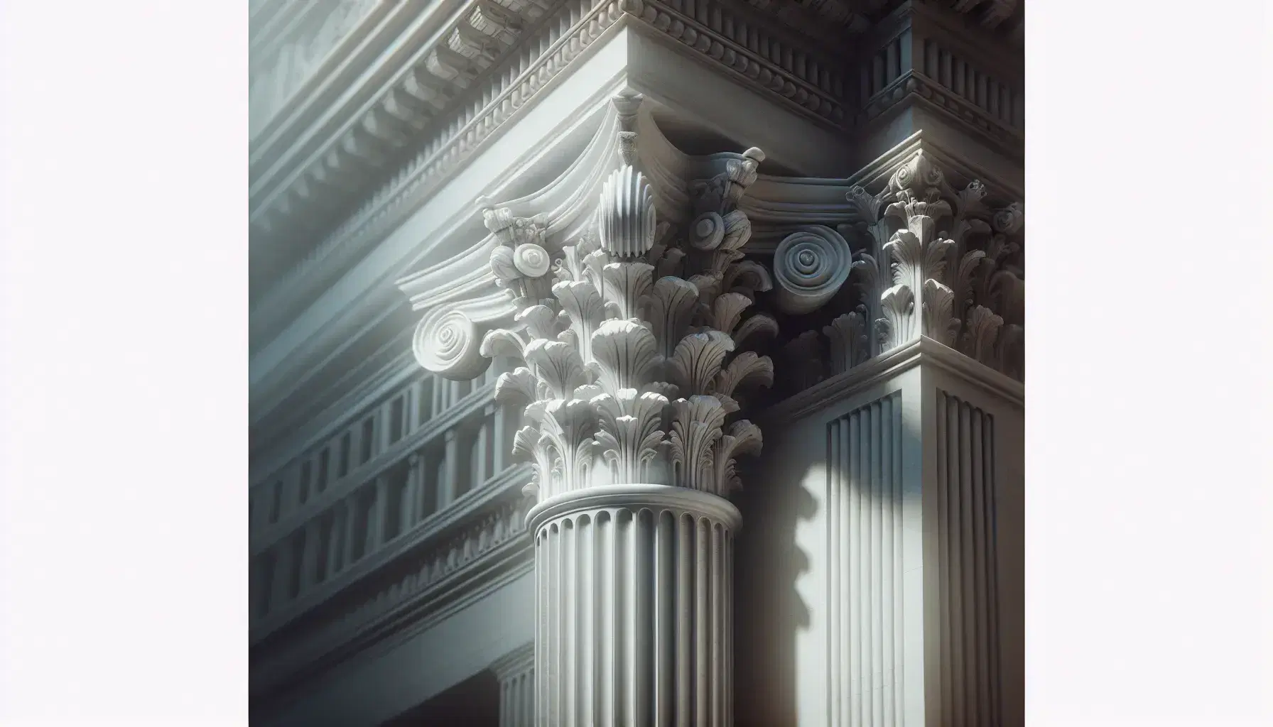 Colonna in marmo bianco stile corinzio con capitello decorato da foglie di acanto e volute, sotto un architrave liscio, illuminata da luce naturale.