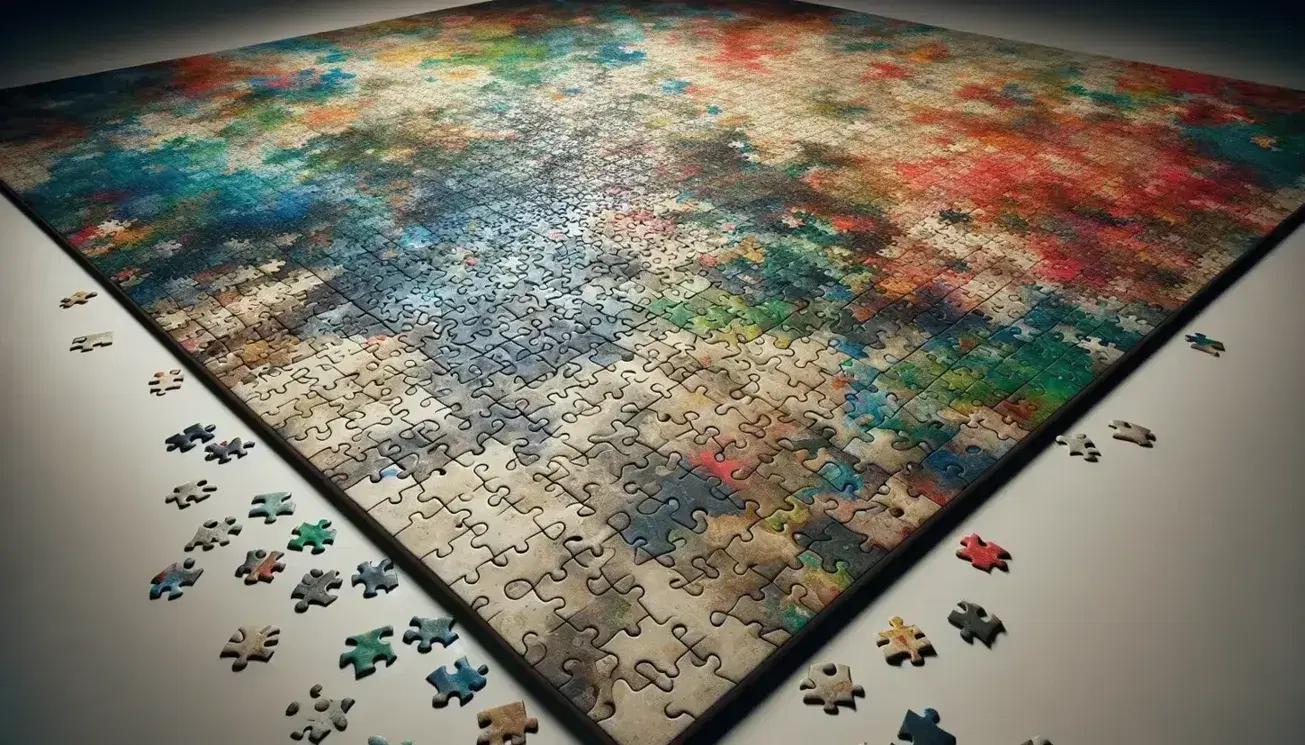 Primer plano de un rompecabezas incompleto con piezas de colores vivos sobre superficie lisa y neutra, sin patrones definidos.