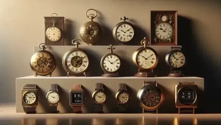 Orologi antichi in sequenza: tasca in ottone inciso, polso con cinturino in pelle, da camino con pendolo, digitale vintage anni '80 su sfondo neutro.