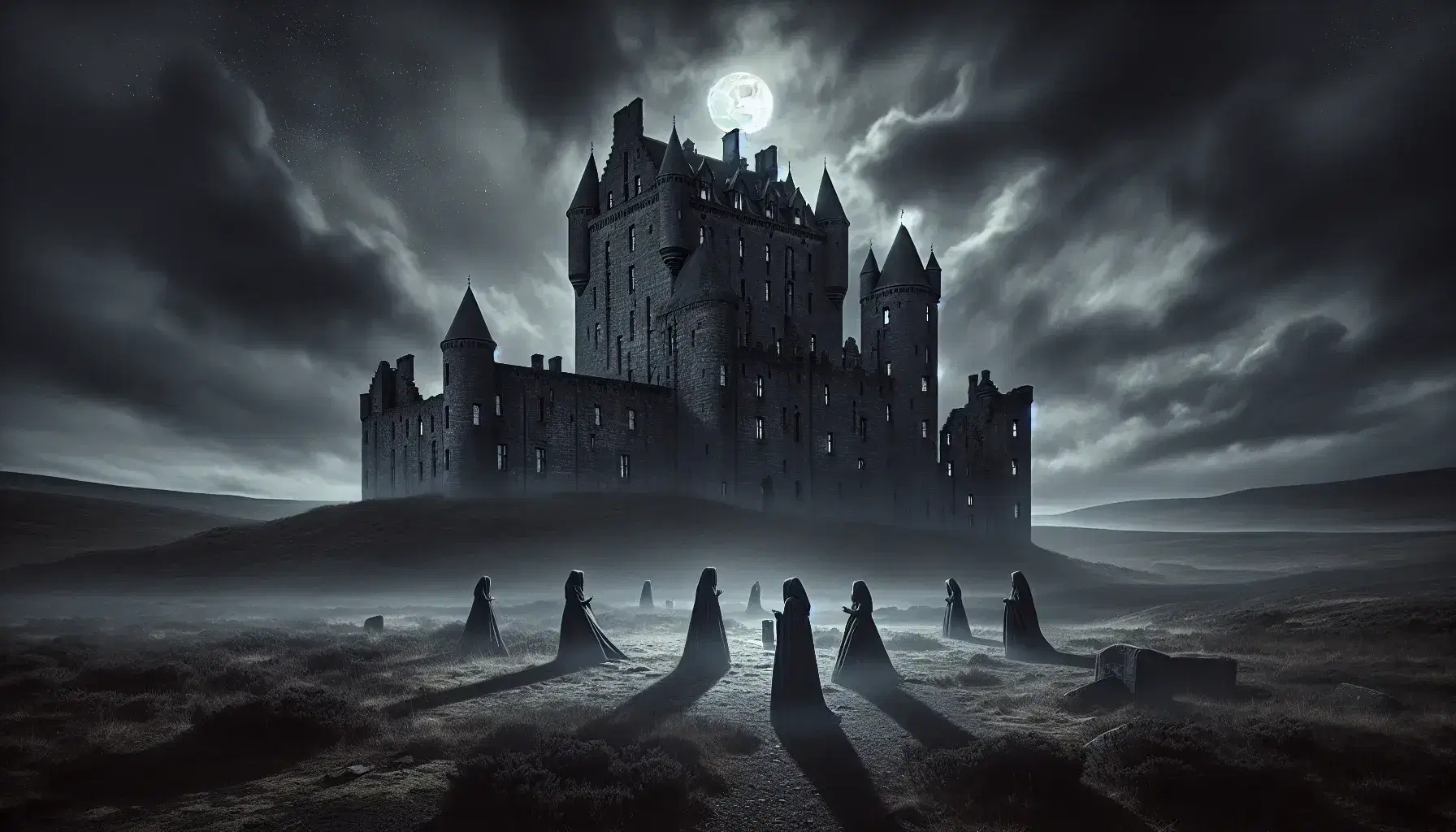 Castello di Glamis notturno con luna piena, tre figure femminili in abiti scuri compiono un rituale in un paesaggio nebbioso e misterioso.