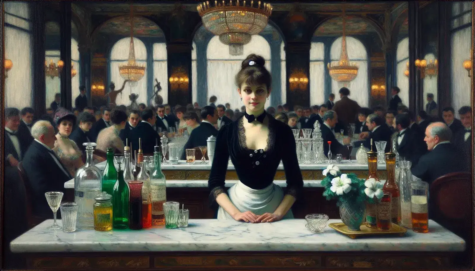 Donna barista al centro del dipinto 'Il Bar delle Folies-Bergère' di Manet, con uniforme, dietro bancone marmoreo tra bottiglie e specchio che riflette visitatori e trapezista.