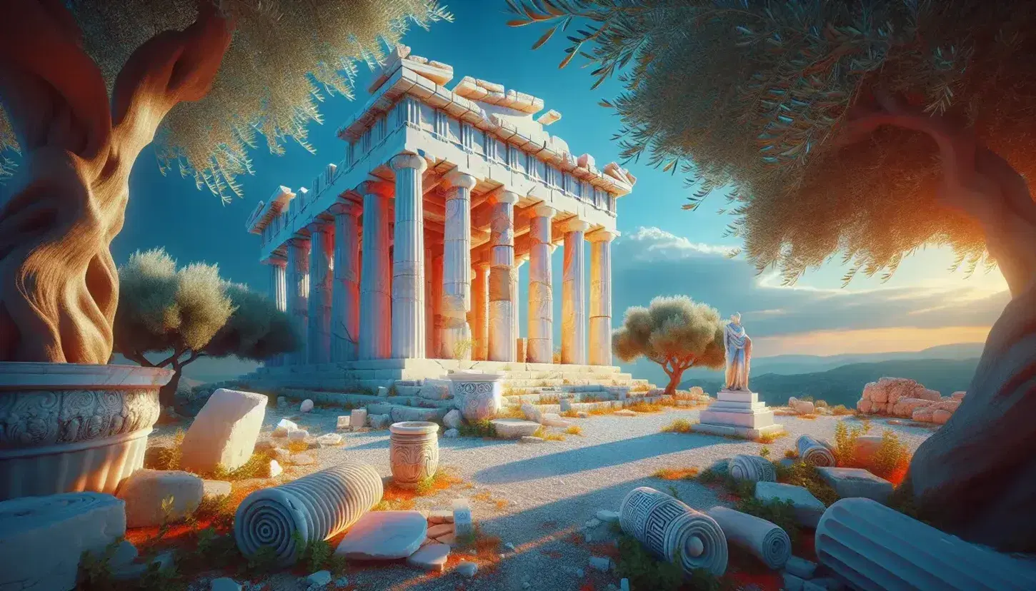 Colonna dorica erosa in un santuario greco antico con statua marmorea, frammenti archeologici e ulivo sotto cielo azzurro.