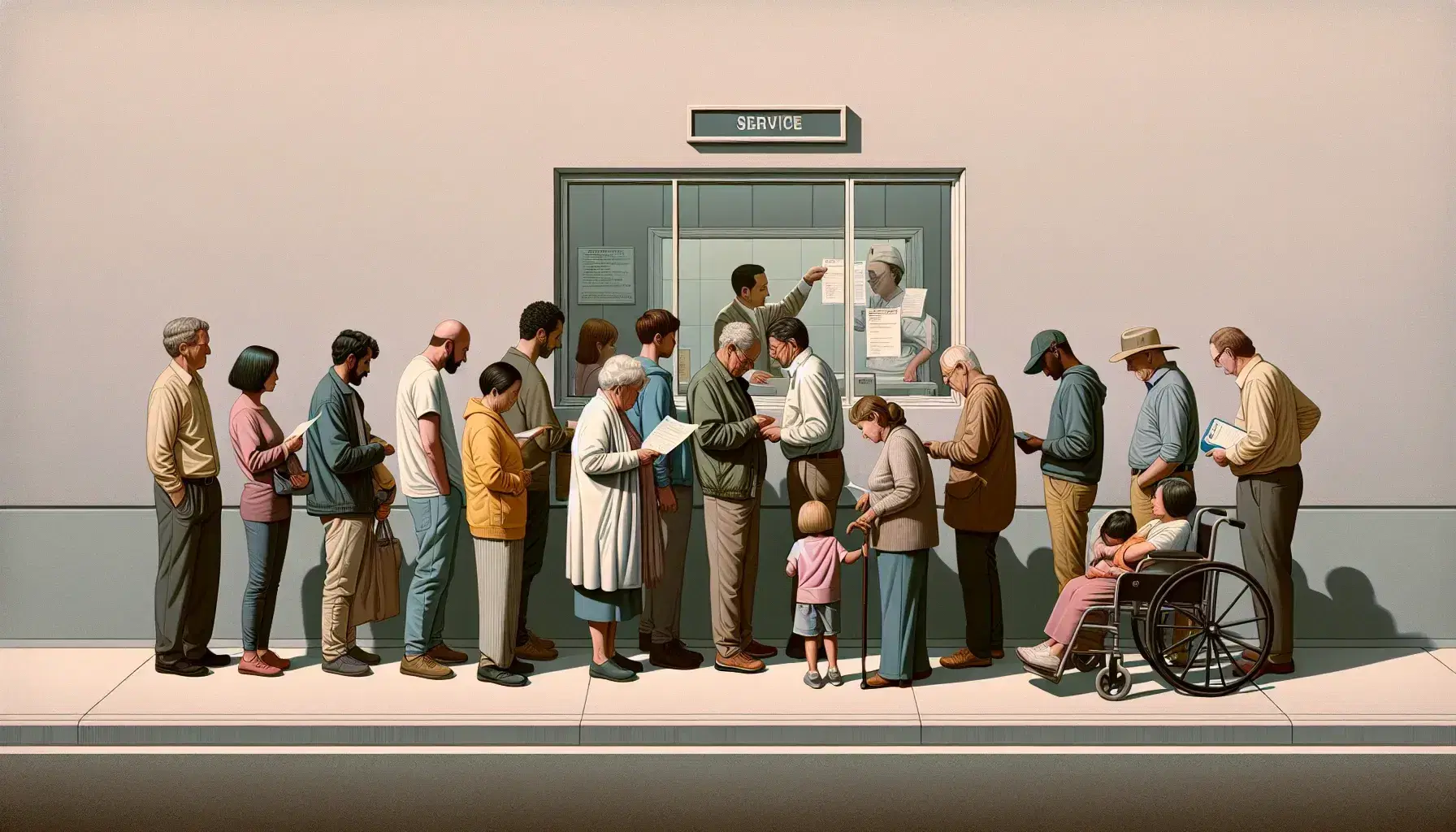 Diverse group of people queuing at a service window, receiving documents from a faceless attendant, reflecting a cross-section of society.