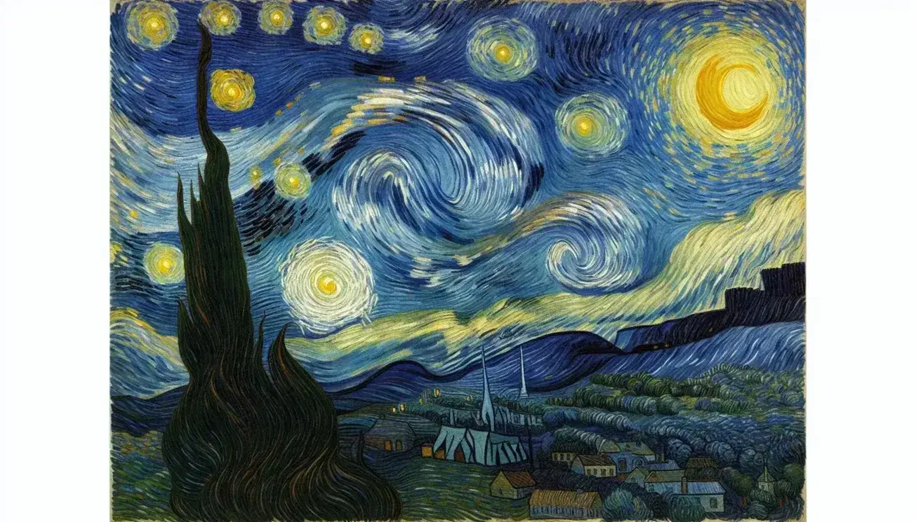 Riproduzione del dipinto 'Notte Stellata' di Van Gogh con cielo dinamico, stelle luminose, luna, paesaggio stilizzato e cipresso scuro.