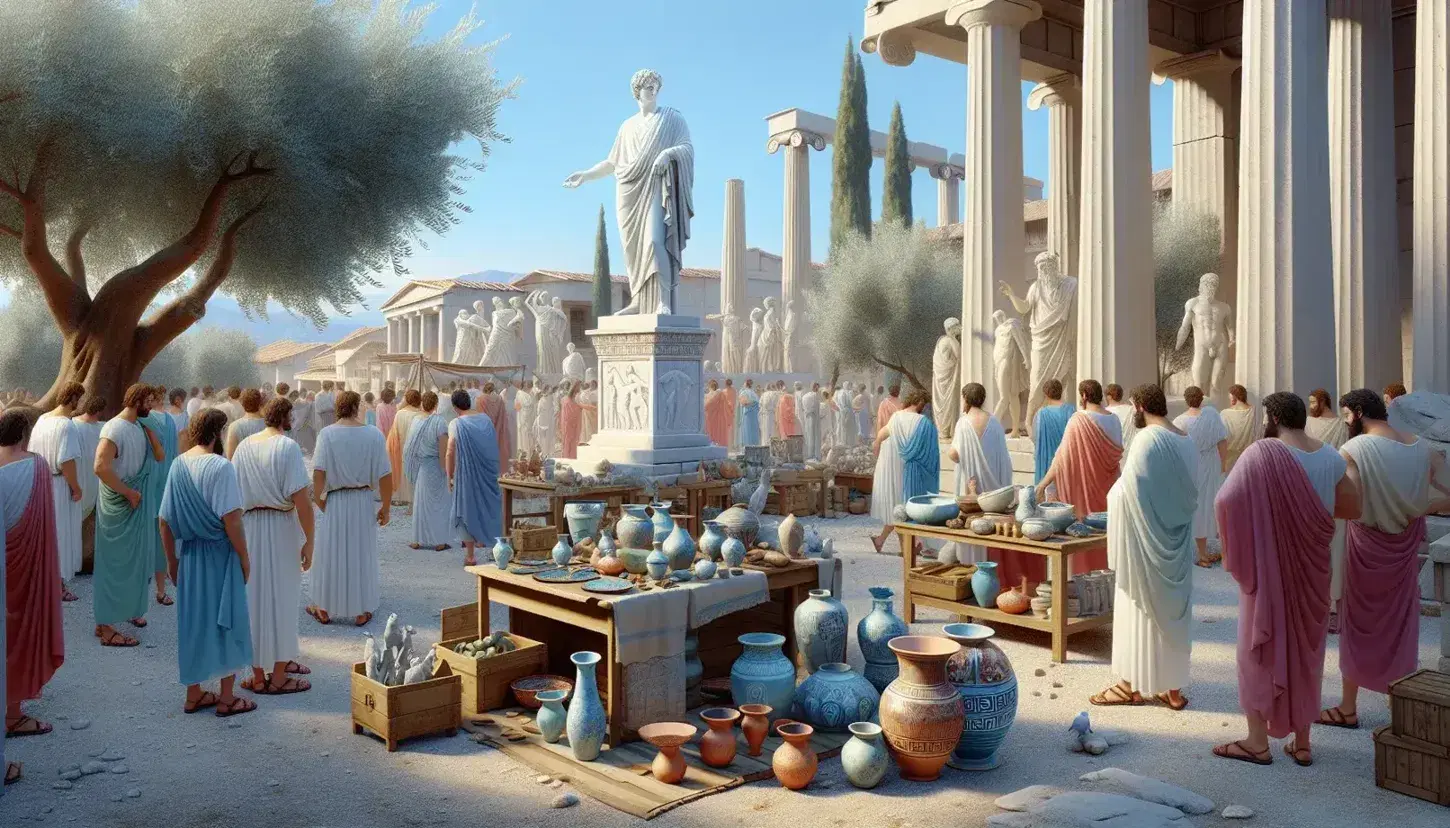 Scena vivace di un'agora greca antica con statua di filosofo, colonne doriche, mercato di ceramiche e albero d'olivo.