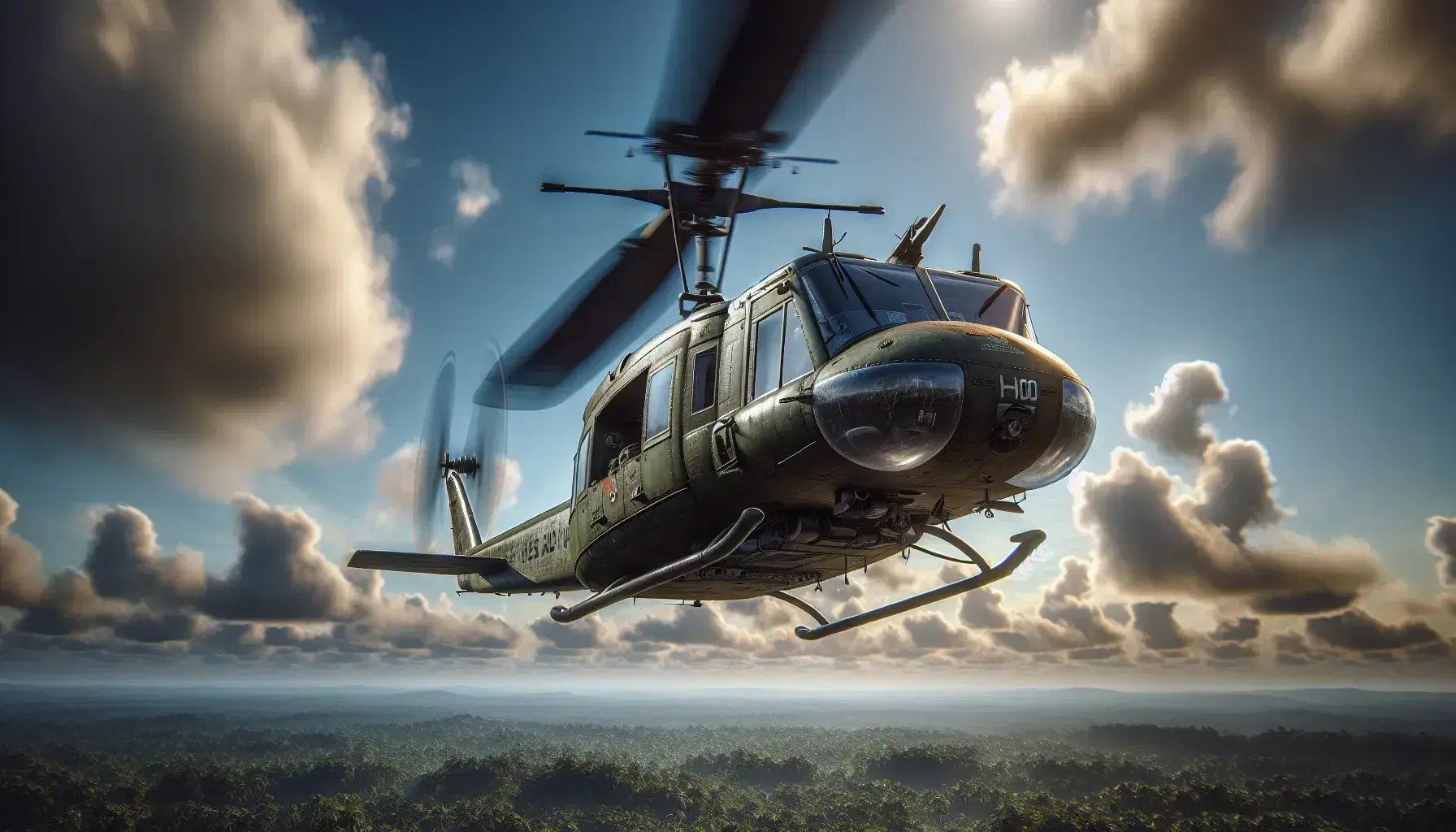 Elicottero UH-1 Iroquois "Huey" in manovra di volo su giungla, fusoliera verde oliva e pale in movimento su cielo azzurro con nuvole sparse.