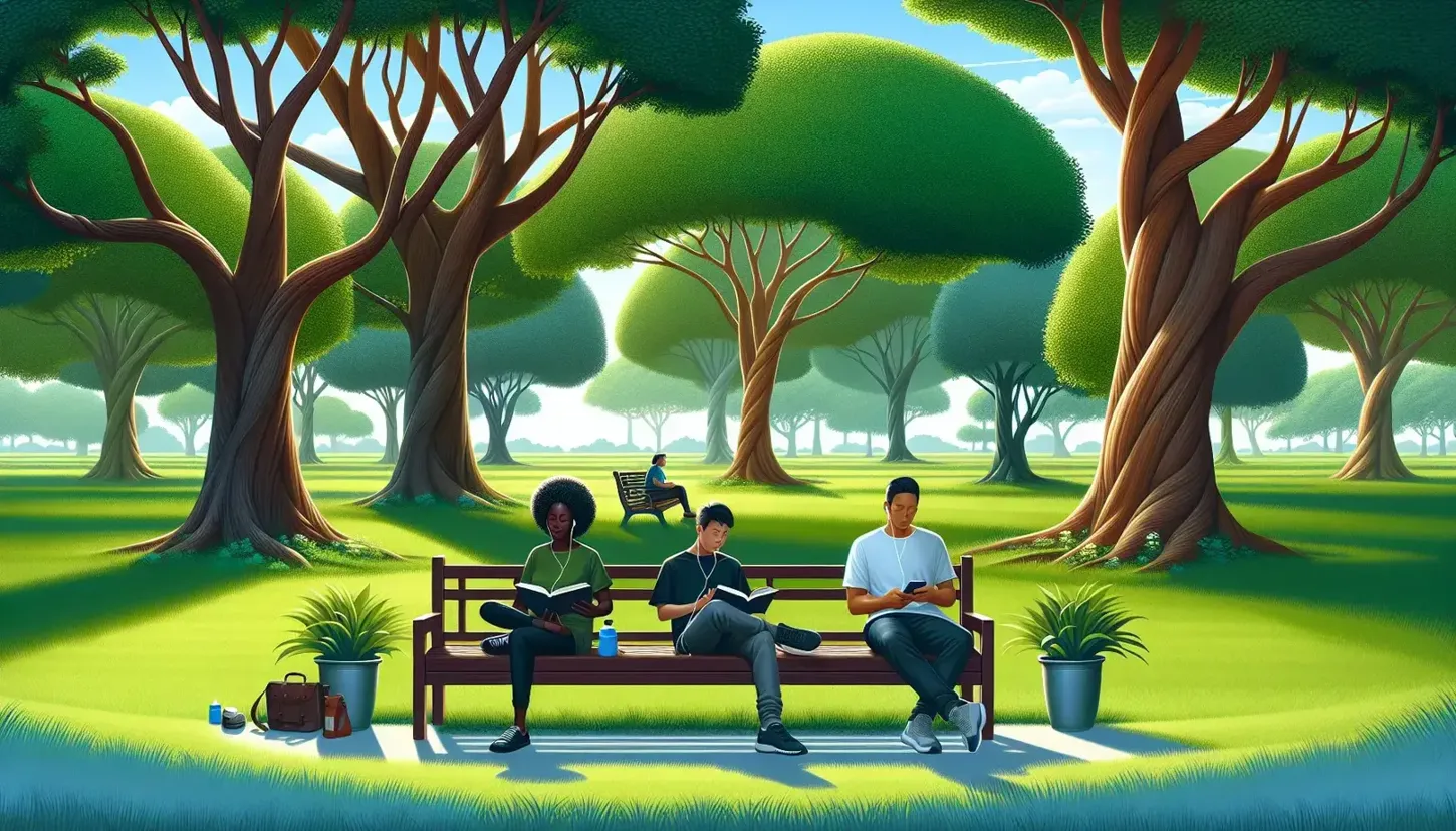 Green park with wooden bench and three people: black woman reading, Asian man with headphones and white man with bottle of water.