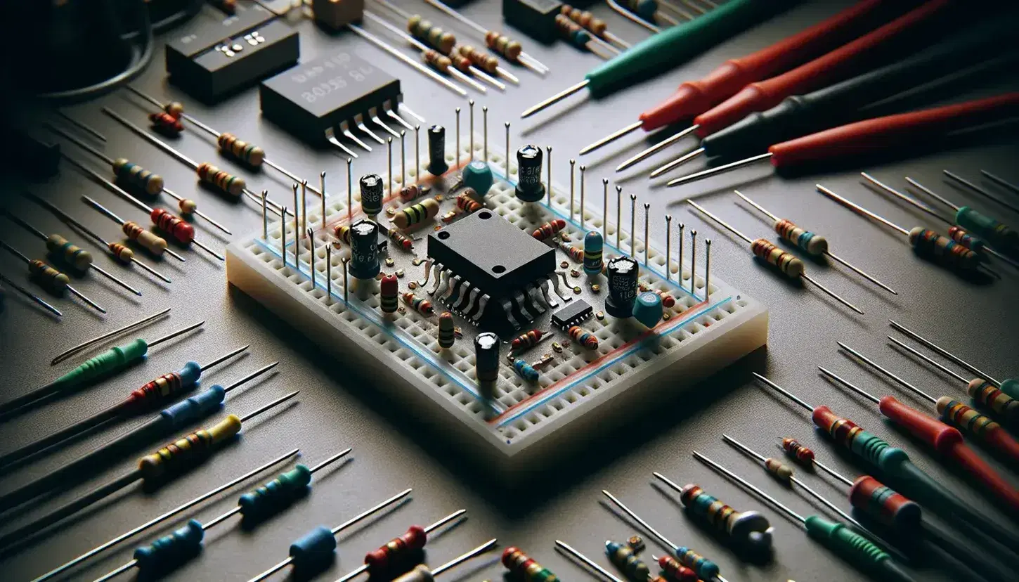 Close-up view of an electronic workbench with a breadboard, op-amp, resistors, capacitors, multimeter probes, and jumper wires.
