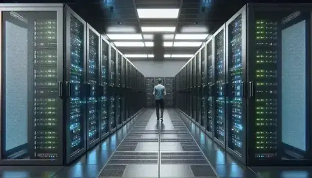 Centro de datos con filas de servidores negros iluminados por luces LED azules y verdes, cables de colores y una persona supervisando el equipo.