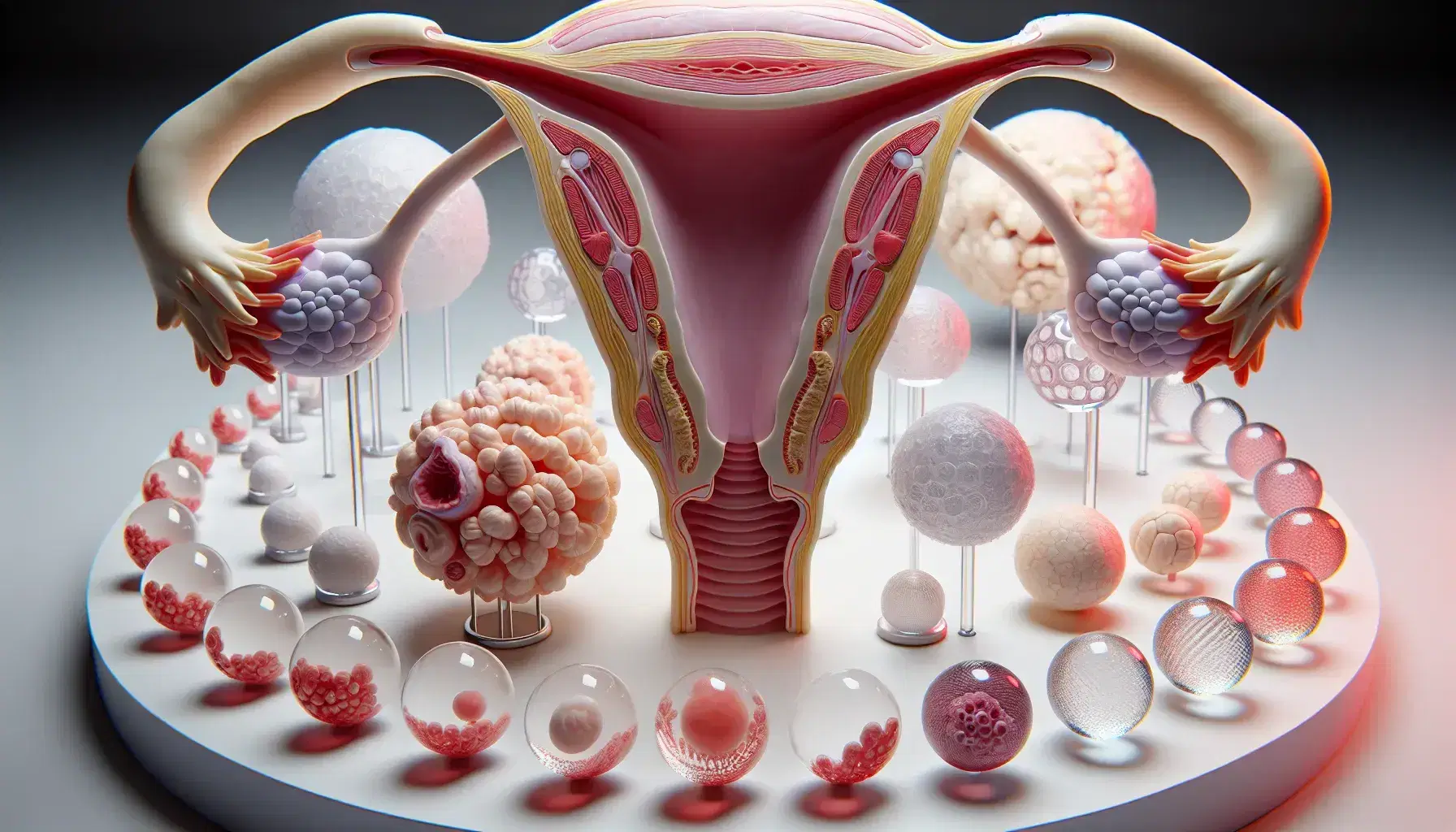 Modelos anatómicos tridimensionales del sistema reproductivo femenino mostrando etapas del ciclo menstrual, con pelvis y folículos ováricos en desarrollo.
