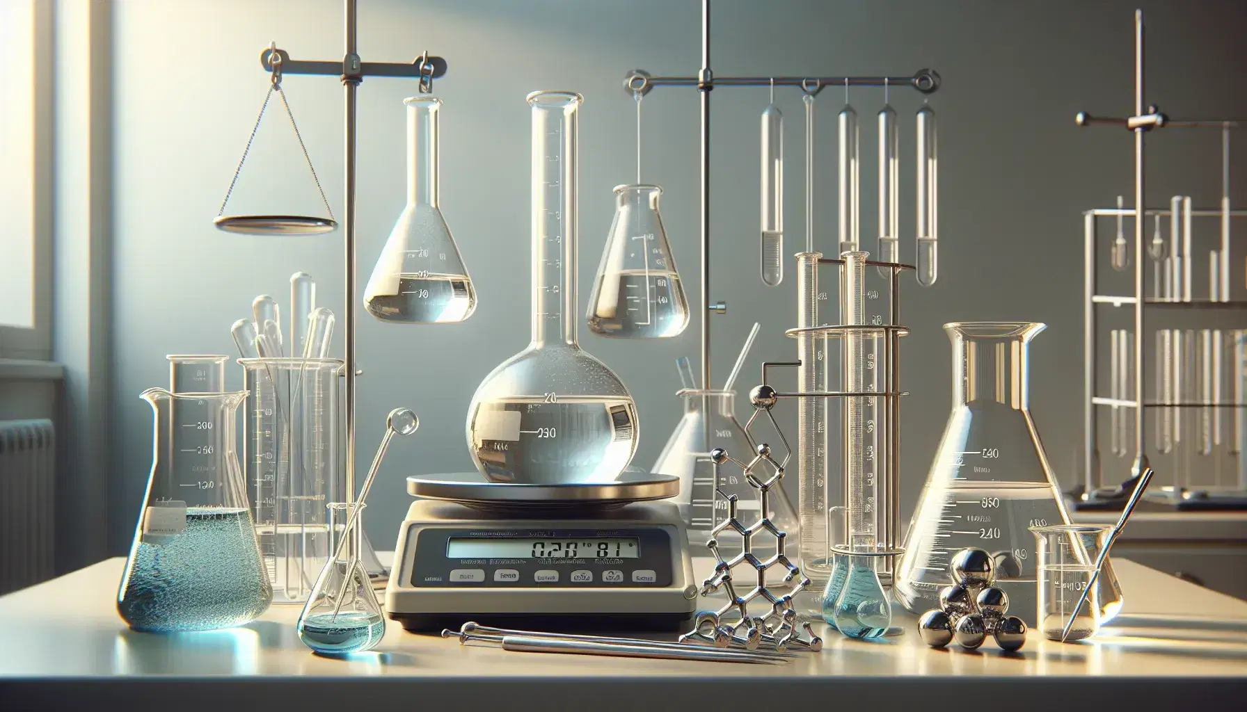 Laboratorio químico con equipo de precisión, incluyendo matraz Erlenmeyer, cilindros graduados, balanza analítica y pesos calibrados, guantes y gafas de seguridad.