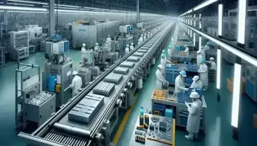 Línea de montaje en fábrica con trabajadores en batas blancas y cascos de seguridad manejando piezas rectangulares en cinta transportadora.