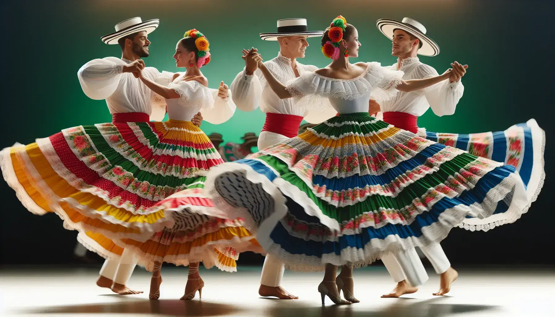 Cuatro bailarines ejecutan danza folclórica colombiana al aire libre, con trajes coloridos y sombreros vueltiaos, en un ambiente natural iluminado por el sol.