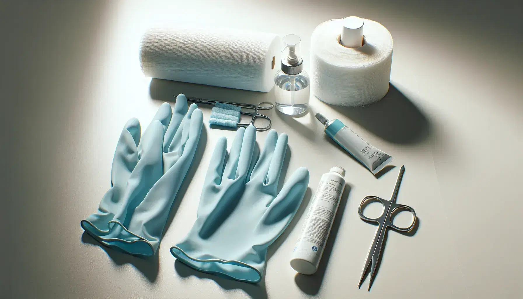 Artículos médicos con guantes de látex azules, botella de solución, gasa, tijeras quirúrgicas y tubo de crema sobre superficie clara.